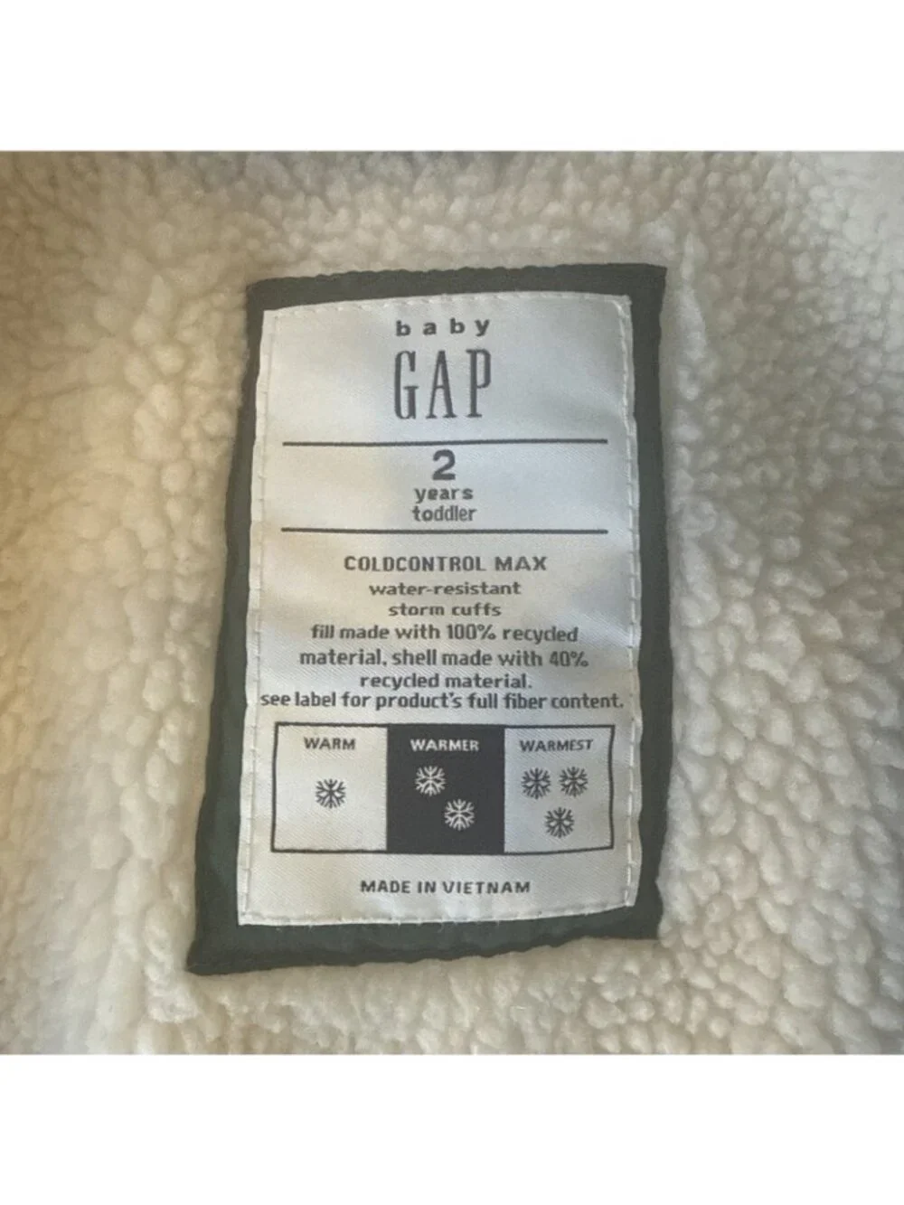 Gap Boys Toddler Puffer Jacket Hooded Olive Green Fleece Lined 2T Sherpa